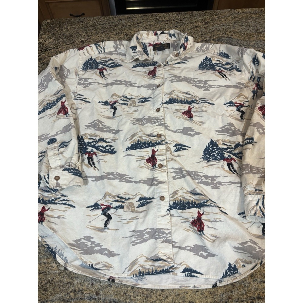 Vintage 90/80s Eddie Bauer Shirt Womens L Skier Mountain All Over Print Corduroy
